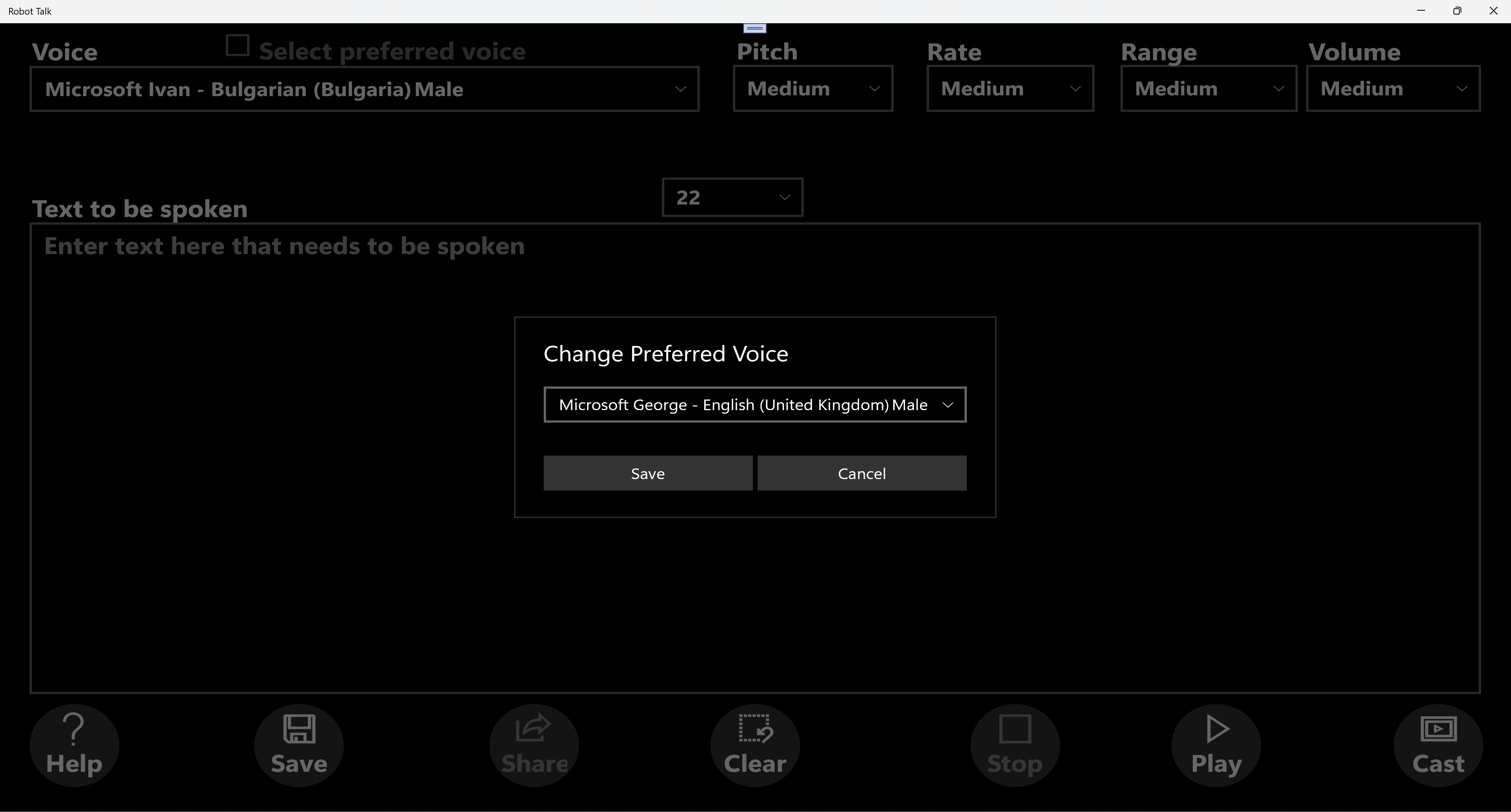 Main screen - changing Preferred Voice - Windows 10/11 - Dark Theme